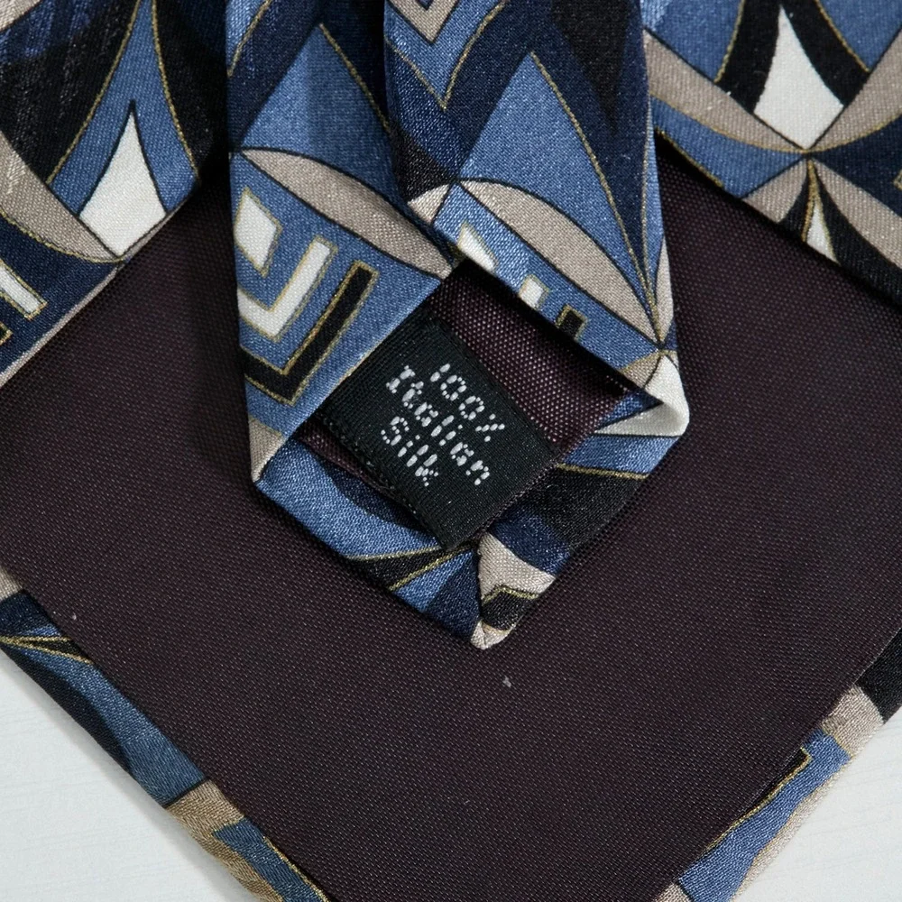 Courreges Homme Tie Mens Blue Geometric Art Deco Print Italian Silk